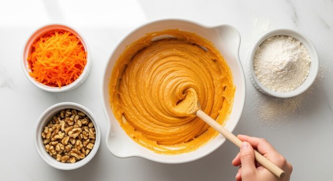 Creamy orange batter being mixed in a white bowl with a wooden spoon and ingredients nearby