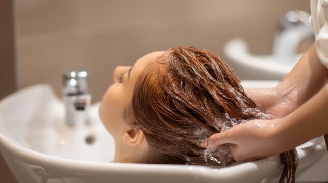 Relaxing hair wash in a modern salon with a focus on the cleansing process and luxurious experience of a personal treatment. Generative AI