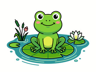 Fototapeta premium Cute Green Frog Sitting On Lotus Leaf