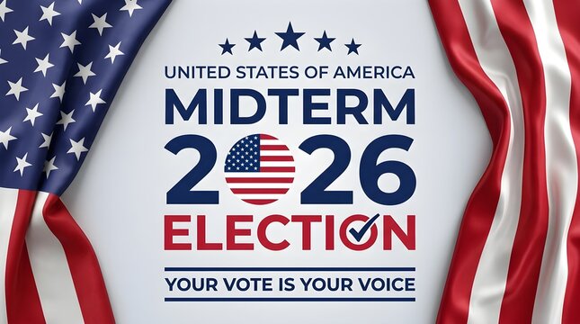 United States of America Midterm Election 2026 Your Vote is Your Voice graphic with American flag elements.
