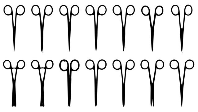 Set of various surgical scissors and medical clamps in black outline with scissors