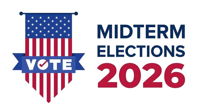 Graphic promoting the United States Midterm Election 2026 with patriotic American flag elements and a voting message.