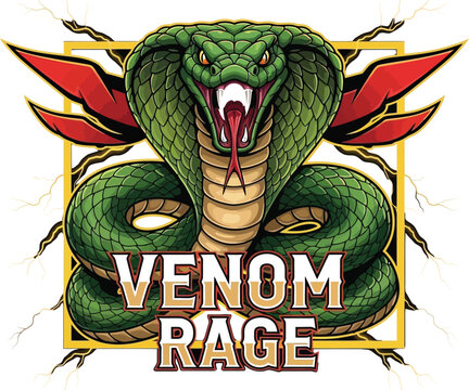 Aggressive green cobra snake with fangs bared, coiled body, and red wing-like appendages, text "venom rage