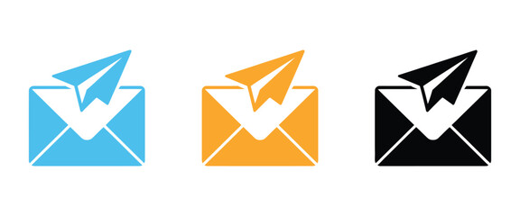 Paper airplane icons displaying colorful modern send message symbols in blue, orange, and black for chat and communication applications. Vector illustration. © MD. ARIF ISLAM