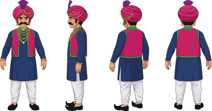 Cartoon character, man in traditional indian attire, front, side, and back views male