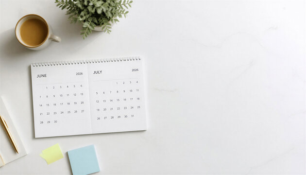 Calendar showing June and July 2026 on the desk with huge copy space for mid-year planning background