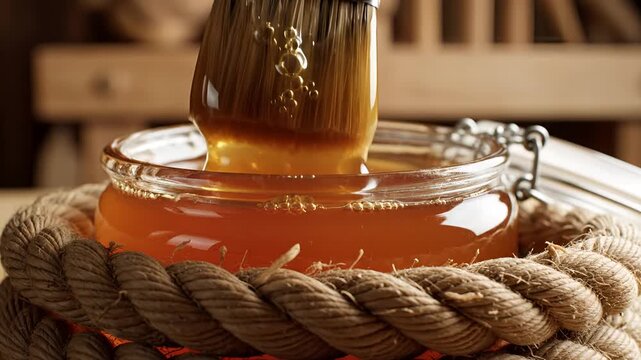 Closeup of a brush dipping into a jar of golden honey surrounded by thick rope.