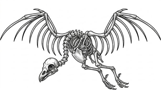 Vintage engraved bird skeleton vector illustration in black and white natural history style