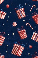 Obraz premium Seamless christmas pattern featuring red and white striped gift boxes and candy canes on a dark blue background with stars christmas background seamless celebration decoration wallpaper