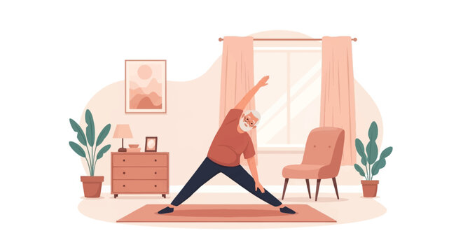 Senior man with white hair and beard wearing a red shirt and dark pants practicing yoga in a living room, performing a side stretch on a mat near potted plants and furniture.