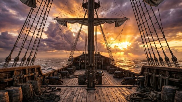 Cinematic view of a calm sea at dusk seen from the deck of a historic sailing vessel, highlighting dark wooden architecture, maritime details, and glowing sun rays