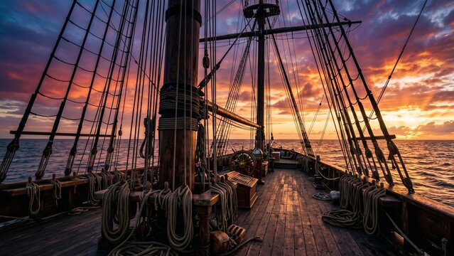 Atmospheric background of an empty tall ship deck looking toward the ocean horizon at sunrise, framed by nautical ropes and dramatic clouds for an epic adventure concept