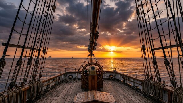 Dramatic maritime scenery from inside a classic galleon, showcasing empty wooden floorboards, traditional ship ropes, and a breathtaking golden hour sky over the ocean
