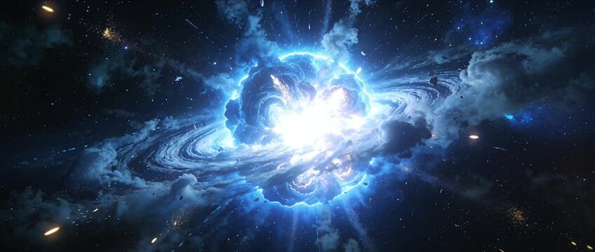 Exploding galaxy nebula bright blue cosmic energy swirl space explosion star field glowing cloud science fiction background dramatic universe scene radiant light chaos cosmic blast deep space dynamic