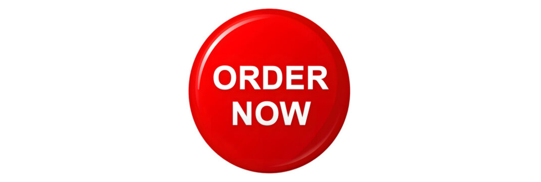 Red button with white order now text on isolated transparent background for business or shopping