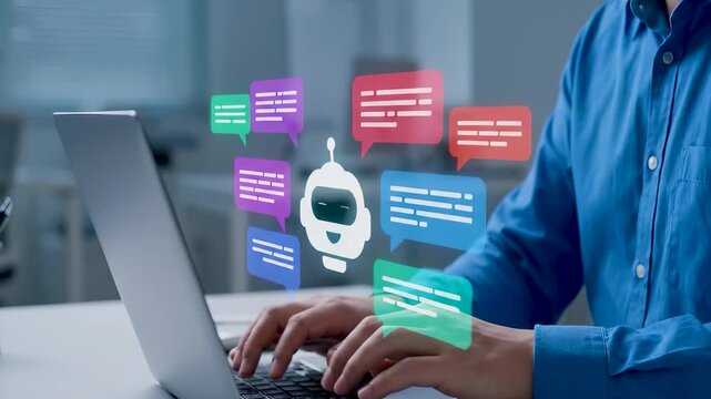 Man typing on laptop computer with holographic AI chatbot and colorful message bubbles. Concept of artificial intelligence customer support agent, communication system, and automated service.