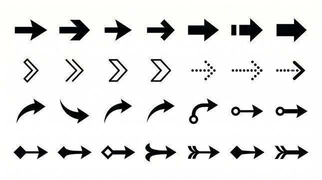 Variety of directional arrow icons in solid, outlined, curved, and stylized designs representing navigation, flow, progress, and guidance.
