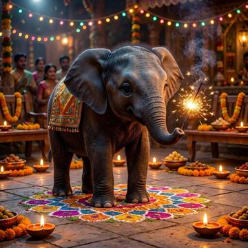 Cute 3D animated baby elephant celebrating Diwali festival with sparkler, digital art
