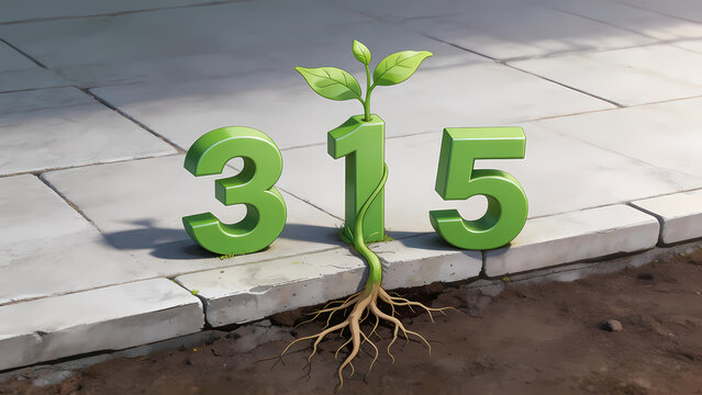 Green 315 number with sprouting roots