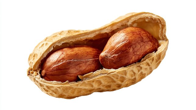 A close-up photo of two peanuts in their shell on a white background
