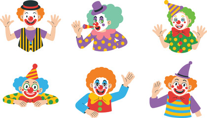 Obraz premium Funny clown character collection vector illustration for circus entertainment birthday party and carnival celebration concepts