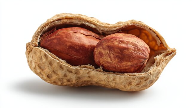 A close-up view of two peanuts inside a partially opened shell on a white background