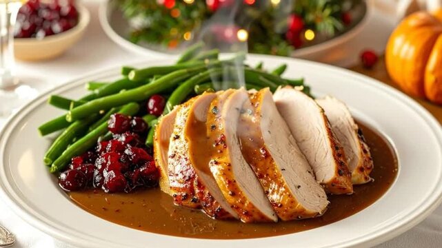 Delicious roasted meat with gravy, vegetables and fruit on a white plate