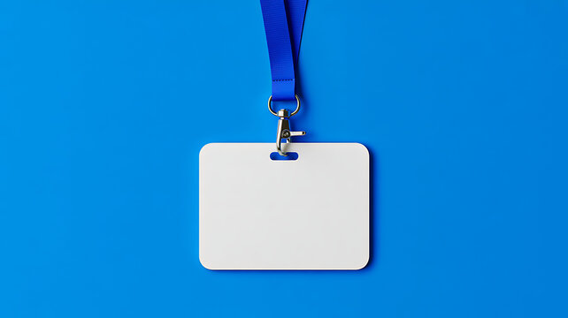 Blank identification badge with blue lanyard on blue background
