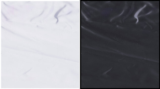 Crumpled plastic wrap texture set, transparent cellophane overlay background, wrinkled polyethylene film surface, 2 high resolution textures
