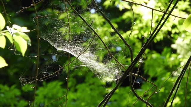 【4K】森の芸術・光り輝く蜘蛛の巣：津軽半島の新緑の中で糸を張るクモ。自然の神秘と造形美の映像素材　[4K] Shining Spider Web in the Spring Forest: Beautiful Geometric Patterns, Tsugaru Peninsula Aomori 撮影日：20260518-1