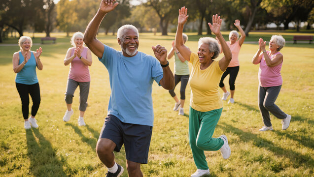 African American senior couple dancing together at outdoor community fitness class