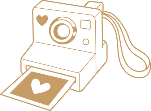 Instant Camera with Heart Photo: A vintage-style instant camera, rendered in a charming outline style, is shown with a developed photo featuring a prominent heart motif emerging from its slot.
