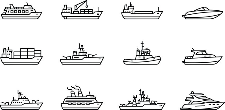 Minimalist Water Transportation Icon Set Featuring Linear Ships Cargo Boats Cruise Ferries Yachts For Logistics Graphic Vector Designs