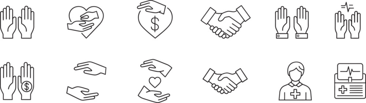 Healthcare and financial support line set featuring handshakes hearts and medical symbols for services and charitable aid