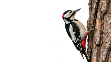 Wild woodpecker bird sitting on tree trunk forest wildlife on transparent background © Lobov