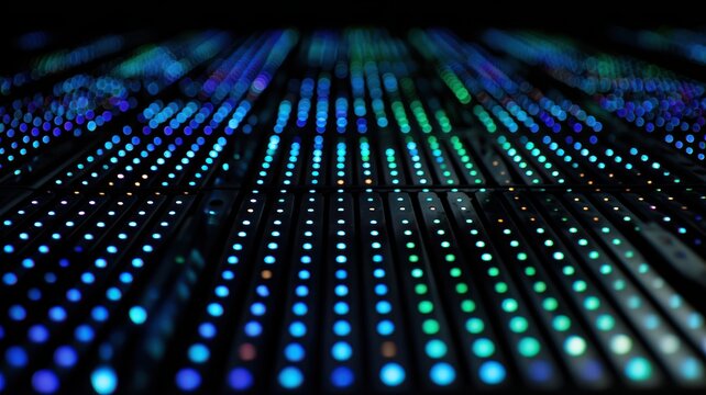 8K Ultra HD Abstract background of server room lights in a data center, showing rows of glowing blue and green led indicators on server racks, representing cloud computing and digital technology.