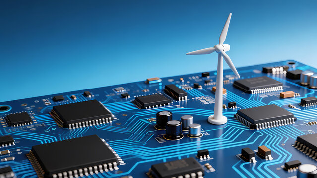 Blue circuit board with wind turbine