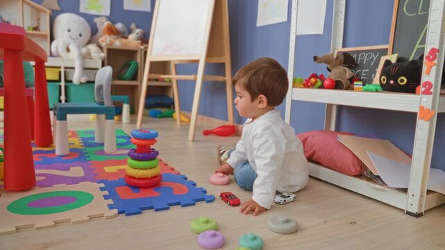 Boy sitting and playing with stacking rings and toy cars on a foam mat inside a building playroom; quiet curiosity.