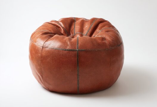 Round brown leather bean bag ottoman with stitched detail isolated furniture textured interior isolated comfortable accessory material upholstery furnishing