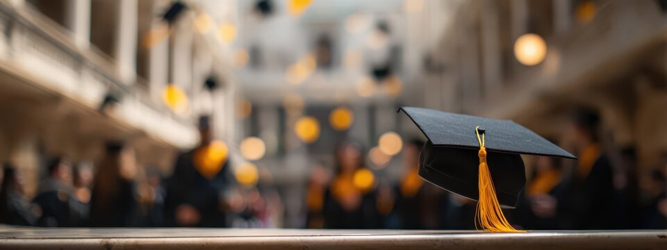 Graduation cap with gold tassel on table against blurred auditorium background at commencement event graduation academic education university ceremony commencement achievement graduate