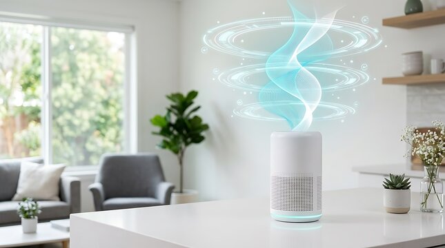 Modern living room counter with white smart air purifier featuring a floating 3D holographic filtration wave.