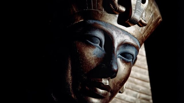 Close-up of ancient Egyptian pharaoh's golden funerary mask with dramatic lighting