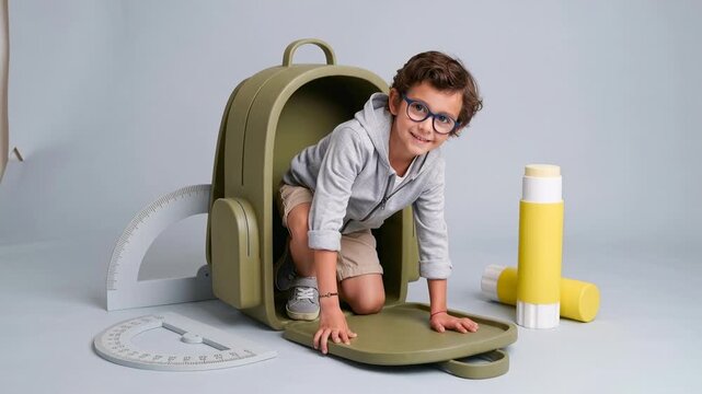 Young boy in glasses exploring a giant backpack with school supplies and measuring tools. A curious young boy with glasses peeks out from inside a large, novelty backpack