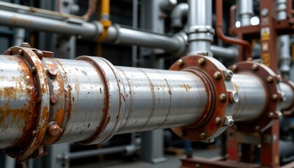 Obraz premium Close-up of rusty industrial metal piping with bolts in a factory setting.