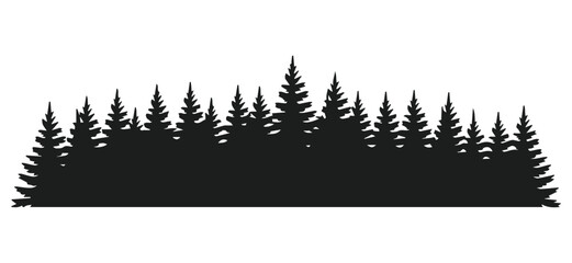 Minimalist black pine forest landscape with coniferous trees horizon for outdoor adventure silhouette vector icon © VEC Wizard