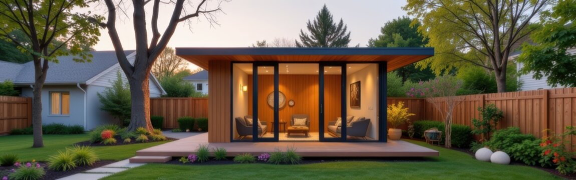 Modern backyard studio with glass walls, cozy interior, and landscaped garden.