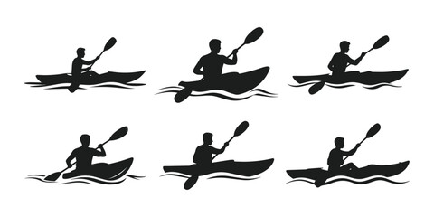 Set of Minimalist black kayak boat rider paddling through river water waves for outdoor adventure silhouette vector icon © VEC Wizard