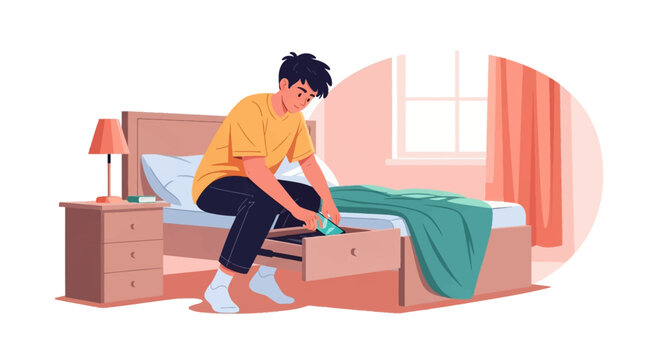 Illustration of a teenage boy sitting on a bed and placing a smartphone into a built-in storage drawer, demonstrating digital detox, screen time management, and bedtime habits.