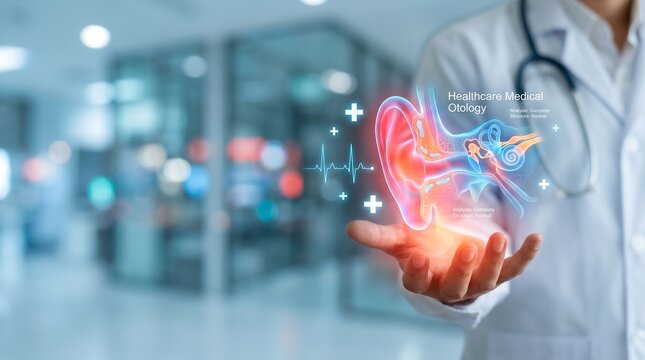A doctor&acirc;&euro;&trade;s hand presenting a glowing anatomical ear hologram with EKG, emphasizing advanced otology, complete analysis, and normal structure in healthcare.