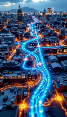 Fototapeta premium Futuristic Cityscape Dusk with Neonlit Roadways
